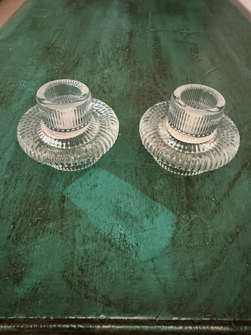 Clear Ribbed Glass Candle Holders - Pair